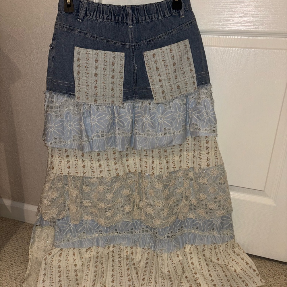 POL Blue and Cream Patchwork Maxi Skirt